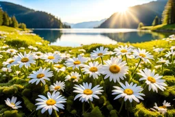 beautiful field with daisies, white or pink or blue light effects colors, sun, realistic, very detailed, daisies flowers on a moss mat around a peaceful lake, high contrast, 8k, high definition, concept art, sharp focus