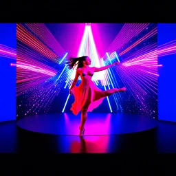 A breathtaking 3D animation of a passionate woman dancing a hot, energetic salsa. Her movements are fluid, expressive, and perfectly synchronized. Surrounding her is a futuristic, evolving stage filled with animating abstract 3D geometric structures that constantly morph, shift, and pulse to the rhythm. Dynamic, vibrant neon lights, colorful volumetric laser beams, and dramatic strobes sweep across the dark environment, casting beautiful shadows. Cinematic camera movement with smooth tracking