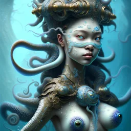 Sango fantasy, fantasy magic, intricate, sharp focus, illustration, highly detailed, digital painting, concept art, matte, art germ and Paul Lewin and Kehinde Wiley, masterpiece Japanese mermaid head bronze octopus' Asian African girl nice breast Thai hair turquoise silver blue under water