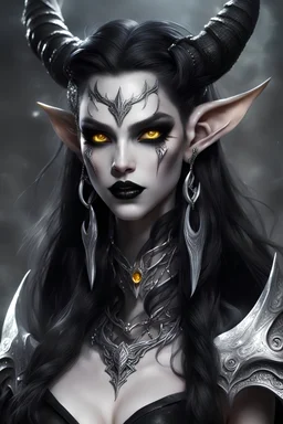 demon, female, big fangs, black hairs, elven ears, white skin, glowing eyes, black horns, yellows eyes, staff. warpoint, black lips, silver earrings, silver necklace, long ears, black makeup, ultra quality, ultra detailed, high details, highly detailed, hard-edge style