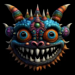 A cute, colorful, and whimsical monster with large eyes, horns, and a wide toothy grin, rendered in a highly detailed and photorealistic style, on a black background.