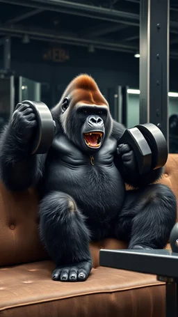 A gorilla lifting weights at the gym, his couch is a monkey seems so happy