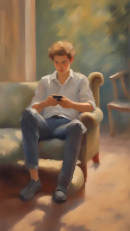 A young man sits on a sofa happily playing with his mobile phone in the impressionist Monet style