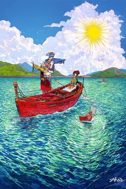on the boat on a long journey, japanese modern pop art