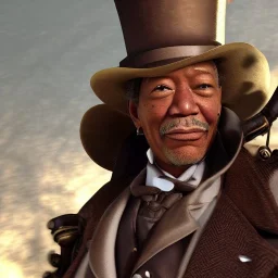 Morgan Freeman steam punk character in top hat with monocle very detailed cinematic unreal engine photo realistic