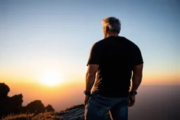 a brawny man with grey hair views sunset from a cliff