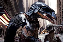 a photorealistic ferocious Mandalorian velociraptor holding Darth Vader's crushed helmet in New York City
