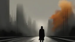 a medium-quality digital painting of a solitary figure ((silently)) leaving behind a bustling cityscape, autumn, somber atmosphere, moody lighting, minimalistic style, abstract representation, emotion, melancholic, fading memories, symbolic, contemplative journey, digital art.