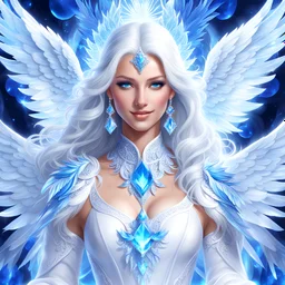 ARCHANGE FEMALE (WOMEN) . grandes AILES beautifull MAN SOURIANT , smiling happiness,wrings, 2 AILES, whole body, brillant jewels, light, ice kingdom digital painting,a crystal - clear ice, majestic, ice fractal, Fantasy, Illustration,Character Design, magician beautifull man, blue eyes, white LONG hair - white clothes BLANCS DRESS , face smiling happiness
