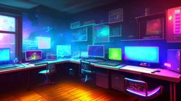 Dimly lit gaming PC room, filled with neonlights, night time, atmospheric, detailed.