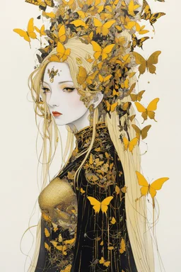 style of Yoshitaka Amano ~ Butterfly Empress, long huge flowing gold hair, yellow eyes. dressed in a cosmic gold plated Armor made of gold butterflies. standing in a room made of butterflies. surrealist. Shades of luminous black and yellow piercing shadow, reminiscent of Beuys and Qian Xuan.