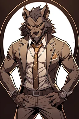 Buff, anthro, wolf, himbo, black fur, gold eyes, wearing a suit, full-body, muscles, strong, muscular, man boobs, bulky, tail, dark fur, smug grin, hands on hips,