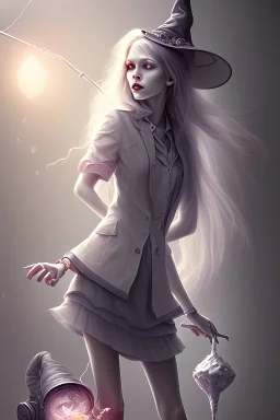 cute witch with broken leg in hospital, realism, depth of field, professional photo,all colors and grey