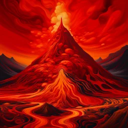 A red pyroclastic volcano in the badlands in Expressionism art style with exaggerated swirling abstracted fire