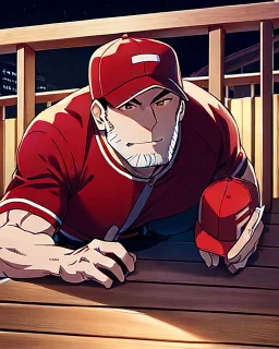 woman with a red baseball hat. leaning on a wooden balcony. night time. anime. studio lightining.