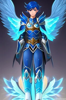 a human male with blue short hair and blue wings in an assymetrical armor with geometric patterns and a book in hand