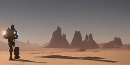 Military Robot in Desert walking to Horizon with Footsteps