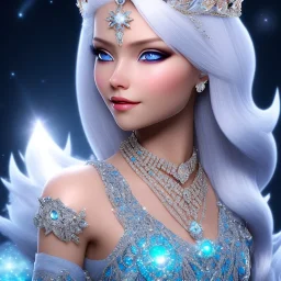 Ice Princess with white hair smilling, a crown with precious stones, bright background