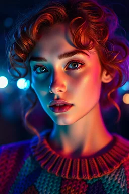 score_9, score_8_up, score_7_up, cinematic photo, close-up, 1girl, beautiful cute face, parted lips, curly ginger hair, natural eyebrows, pale skin, colorful sweater, multicolored clothing, illuminated by cool lights, blue lighting, purple lighting, teal lighting, soft glow, shimmer effect, sharp detail, fashion editorial, seductive gaze, high contrast, glowing atmosphere, dreamy lighting, atmospheric background, studio lighting, realistic face, photorealistic,
