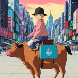 A one-year-old boy rides on the cow in the middle of a busy street in new york. photographic, bright colors and sunset, fantasy art, Anna Dittmann, digital painting, dan mumford, oil on canvas, jeff koons, akihito yoshida, wlop, kodachrome.