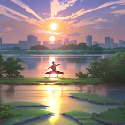 In the anime, a young male character is near the green lake in the sunset afternoon.