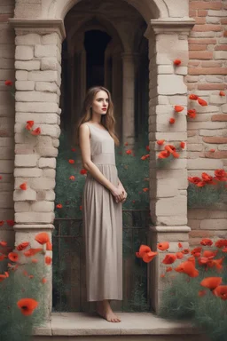 A beautiful girl standing in classic old building with bricks stones texture with a balcony filled with red poppies growing out of it