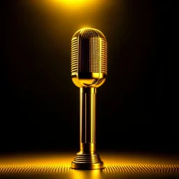 An image featuring a stunning golden microphone illuminated by soft spotlighting. The microphone stands on a sleek stand, exuding an air of elegance and significance. The golden hue catches the light, adding a touch of glamour to the scene. This image prompts thoughts of prestigious events, captivating performances, and the art of expression through voice.