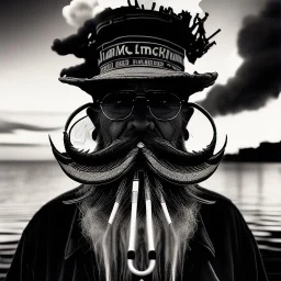 pencil Black and white Portrait of old fishermen sitting on a chair ,long beard, smoke coming out of Wooden Tobacco Smoking Pipe ,wearing a bucket hat, Cloudy background ,sunset, fantasy 8k by Van Gogh