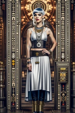 Creation: full body and headshot of a skinny Cleopatra, with a silver bob hairstyle, standing in a steampunk setting.