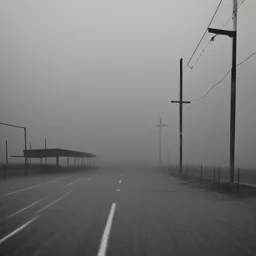 An empty carpark on a misty day. Telegraph poles and wires. Muted tones. Tilted horizon. With blotches, blurry areas and lens noise and grain. Hyper realistic Photo 4k