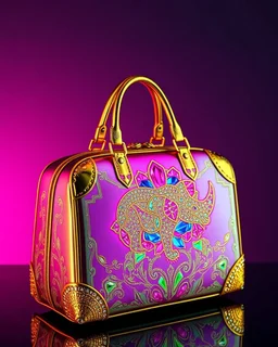 expensive travel bag,rich, fantasy, diamond glitter, neon magenta, super realistic, metallic gold decorated with Diamonds and rhinoceros, colorful inset design creates an art deco visual pattern, prismatic crystal glass peony out of the art nouveau space, HD