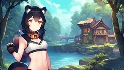 Girl, open navel, black hair, orange eyes, forest, river,house by river, small wooden house,collar on neck, raccoon ears, raccoon tail, raccoon muzzle on face, raccoon paws , raccoon nose.