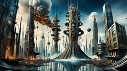 a stunningly weird image of a futuristic tall tower metropolis using Salvador Dali's paranoiac-critical method, where buildings and structures appear to melt into the skyline cityscape is filled with floating mad, twisted sharp metal shapes that interact with the buildings and each other, forming a surreal tableau of a dreamlike reality. neu-steampunk vibe, essence of the scene in a cinematic manner, dramatic shadows , perspectives and bizarre, deep colors, futuristic surreal