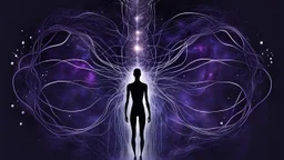 A minimalist abstract 2d digital art graphic and ink montage,. Deep dark purple background with pale neural network and galaxy background, human nervous system with fade little lights , white-dark blue-pale gray and black colors, Clean composition with strange surreal vibe, emotional, abstractions, neurodivergens soul and mind, cinematic, thriller, human dark shilouette