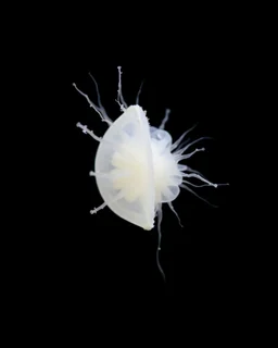 Realistic photo in natural style of a completely white gypsum plankton seen from the side on a black background