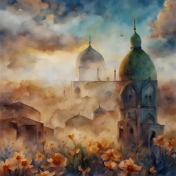 Jamkran Mosque in Iran,The mosque has a blue and green color with gold, many domes with beautiful, bright lighting, and alot of flowers daffodils in floor around the mosque in the street , clouds in the sky with birds and small shiny butterflies, painting with watercolor high resolution