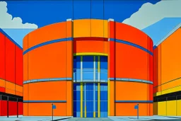 An orange coliseum with fists on the entrance painted by Piet Mondrian