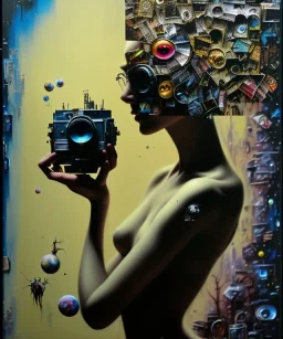 happy beautiful girl holding big proffesional camera in studio. street art, oil on canvas, spray paint, collage, letters, newspapeers, Dave McKean, Vladimir Fedotko, Saturno Butto, Vaughn Bodé, Frank Wu, James C. Christensen, collage, dirty, paint dripping, radiant