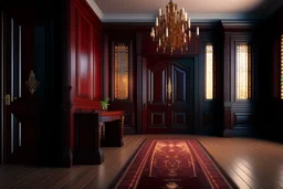 Picture of a study with mahogany panelled walls, a large desk to the side and a heavy wooden door, photorealistic, dark fantasy, 4k