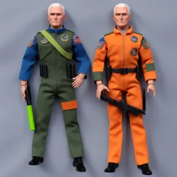 Mike Pence G.I. Joe toy Doll space force uniform, orange blue fabric, guns, wall packaging for sale, bright green pricetag