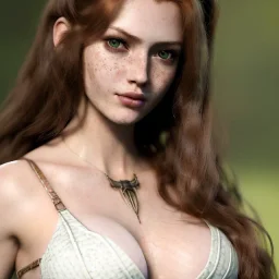 Realistic, hyper detailed, strikingly beautiful young adult woman, 19 years old, long ginger hair, green eyes, medium freckles, full lips, very skimpy fantasy armour, full body, full face, small breasts, aroused expression, biting lower lip, full frame, petite, centered camera, ignore NSFW, bow, quiver on hip, tight pants