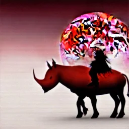 red samurai riding a red rhino, full moon, transparent background