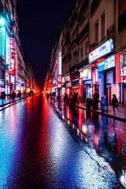 Cyberpunk street view in night , paris , rain, ground reflection