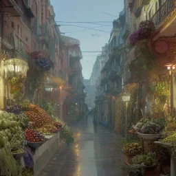 A greengrocer in colorful genoa street+Italian sea+alphonse mucha, greg rutkowski,matte painting, cryengine, hyper detailed, felix kelly, fantasy art, seb mckinnon empty