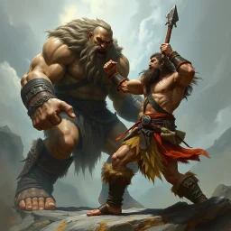 a barbarian fighting a giant with his bare fists