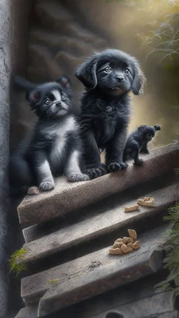 **A shaggy black puppy dog with a white belly, a gray kitten, a three color kitten eating salami on a stone stairway in the woods