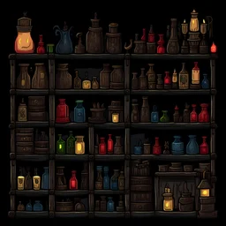 shelf of medieval adventuring supplies in the art style of darkest dungeon