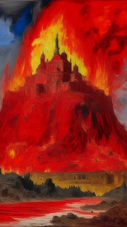 A red volcanic castle in a fiery realm painted by Claude Monet