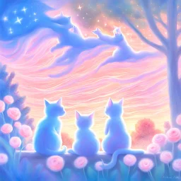 A magical moment in a painterly sunset garden. The two girls sit close together with the three kittens cuddled between them, looking up toward the glowing evening sky. Above them, soft light trails, sparkles, or a glowing star emerge — a touch of fantasy as if nature itself whispers to them. The warm colors wrap around them: coral, gold, rose, and soft blue. The composition feels like the closing page of a gentle fairy tale. Painted with rich oil textures, craquelure, and poetic atmosphere. --v