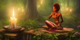 beautiful african lady meditating at night with candles in a enchanted forest, fotorealistic, high quality, landscape, 17, chalice well